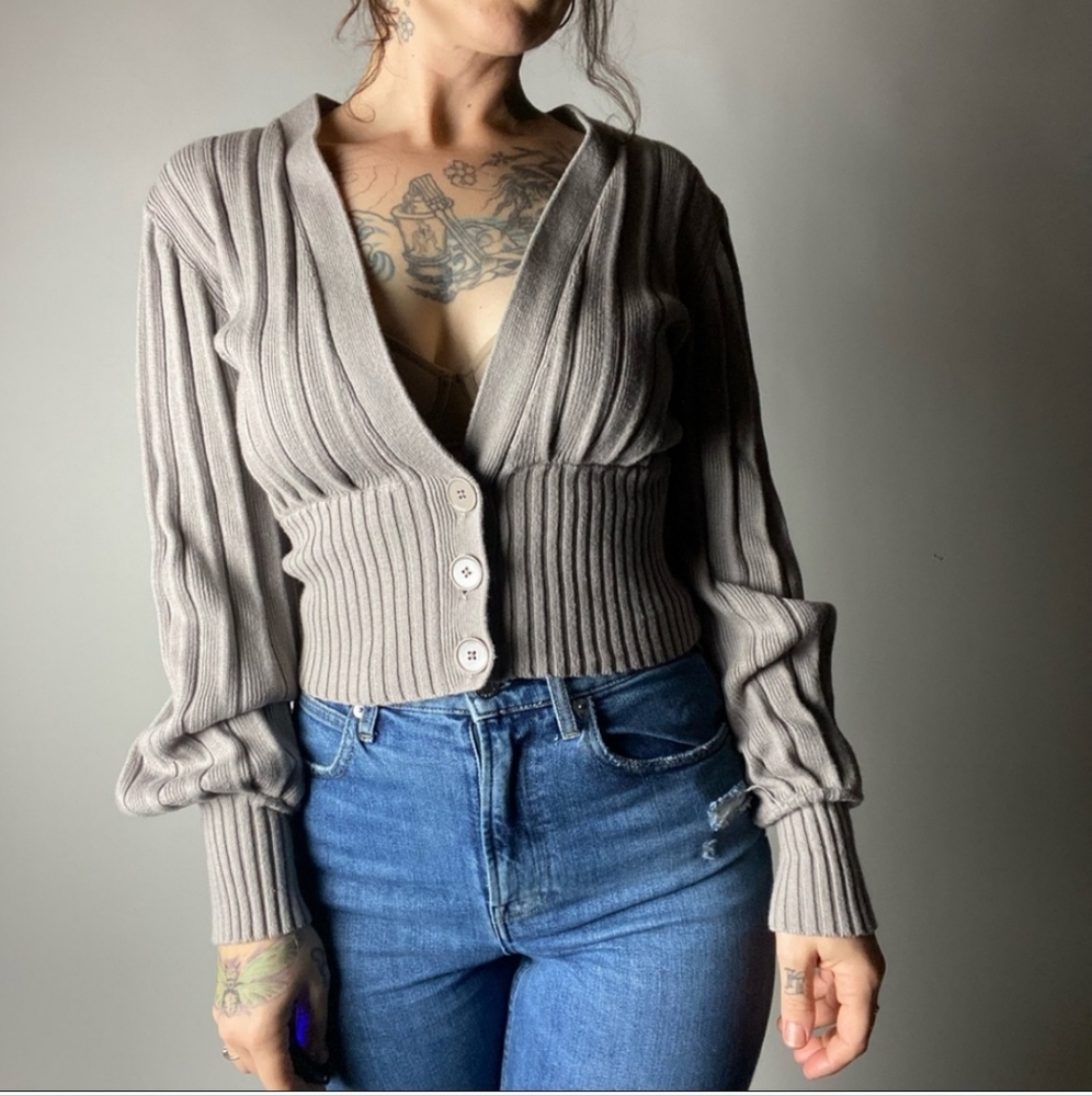 ARITZIA Wilfred Plunge Front Ribbed Cropped Gray Sweater Medium